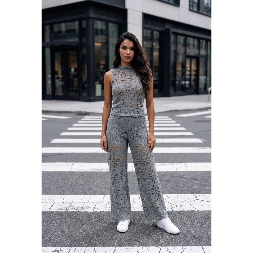 POL Crochet Granny Square Wide Leg Pants Blue Gray Boho Open Knit Trousers OS